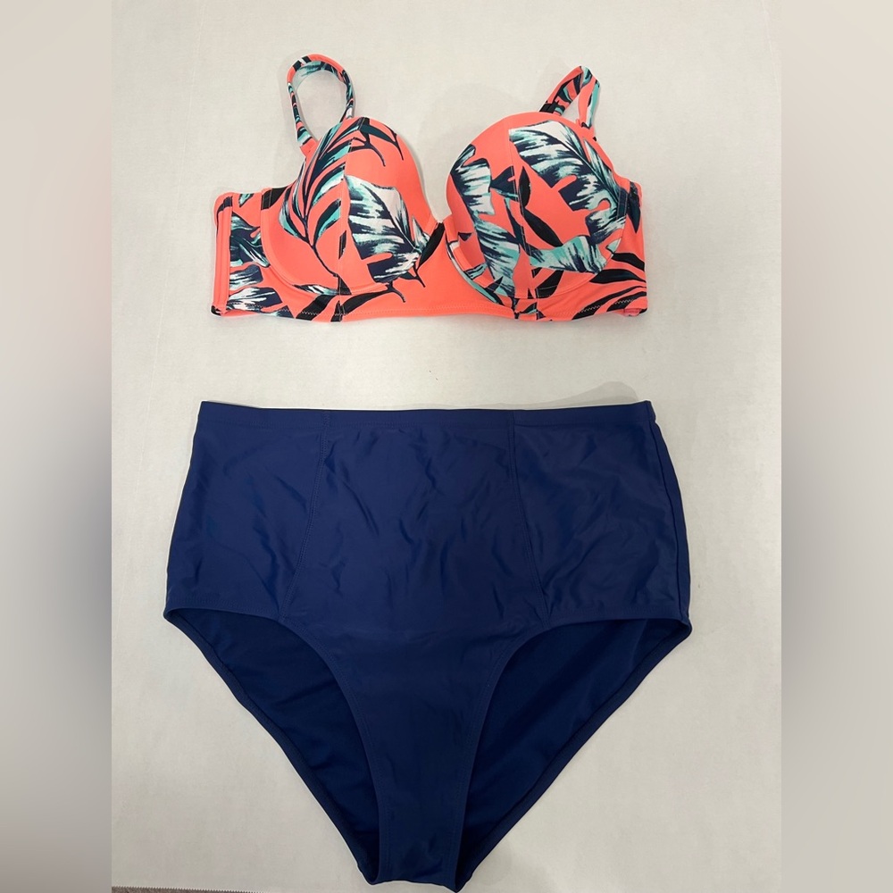 Old Navy Women’s Tropical Print Coral and Navy Bikini Set